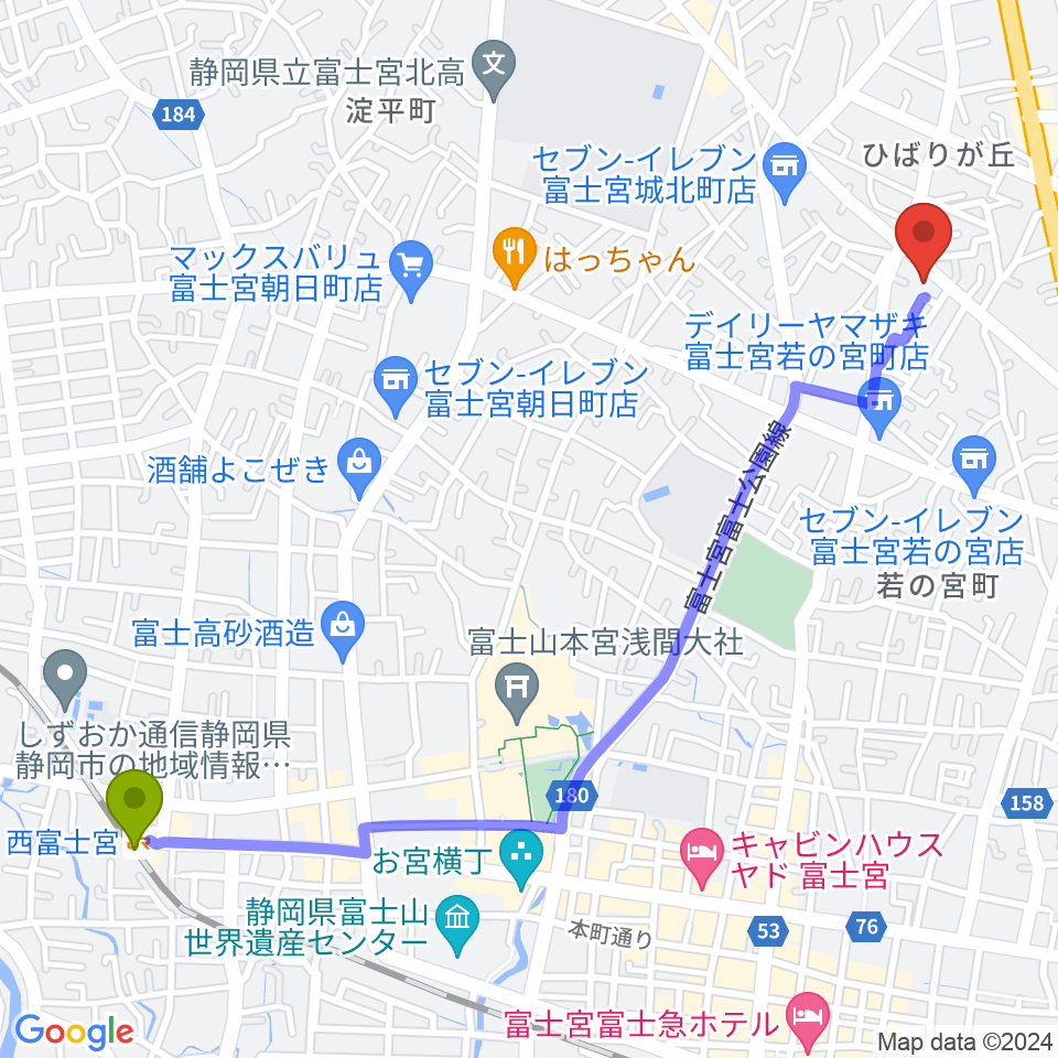 西富士宮駅からタンザワ楽器 富士宮音楽館へのルートマップ地図