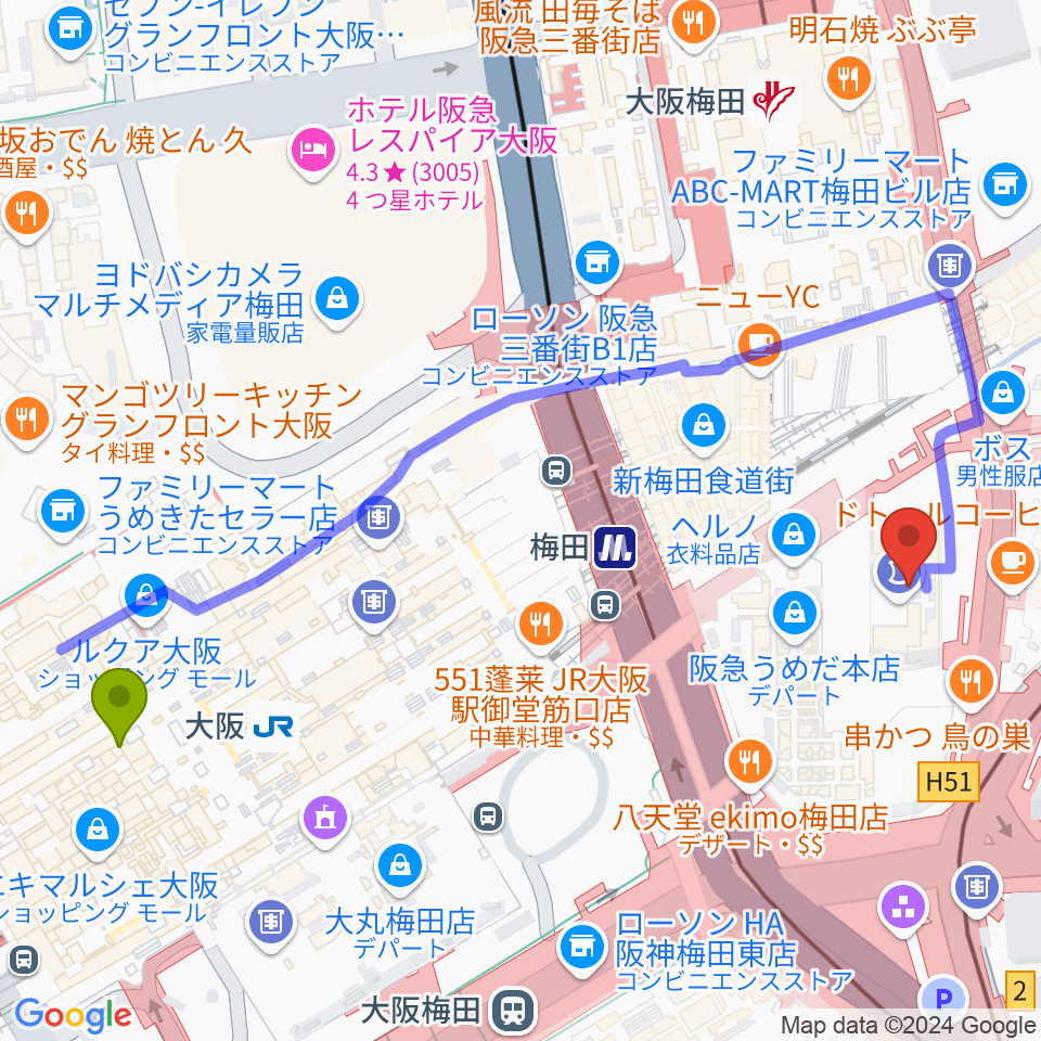 玉田ピアノサウンドビュー23の最寄駅大阪駅からの徒歩ルート（約6分）地図