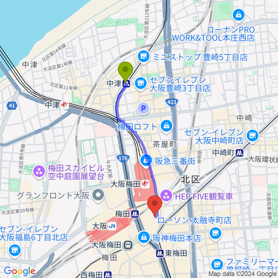 中津駅から玉田ピアノサウンドビュー23へのルートマップ地図