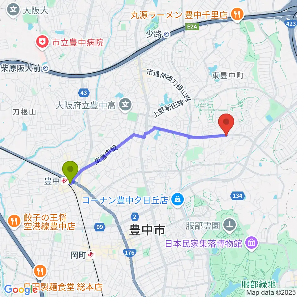 豊中駅から玉田ピアノ東豊中センターへのルートマップ地図