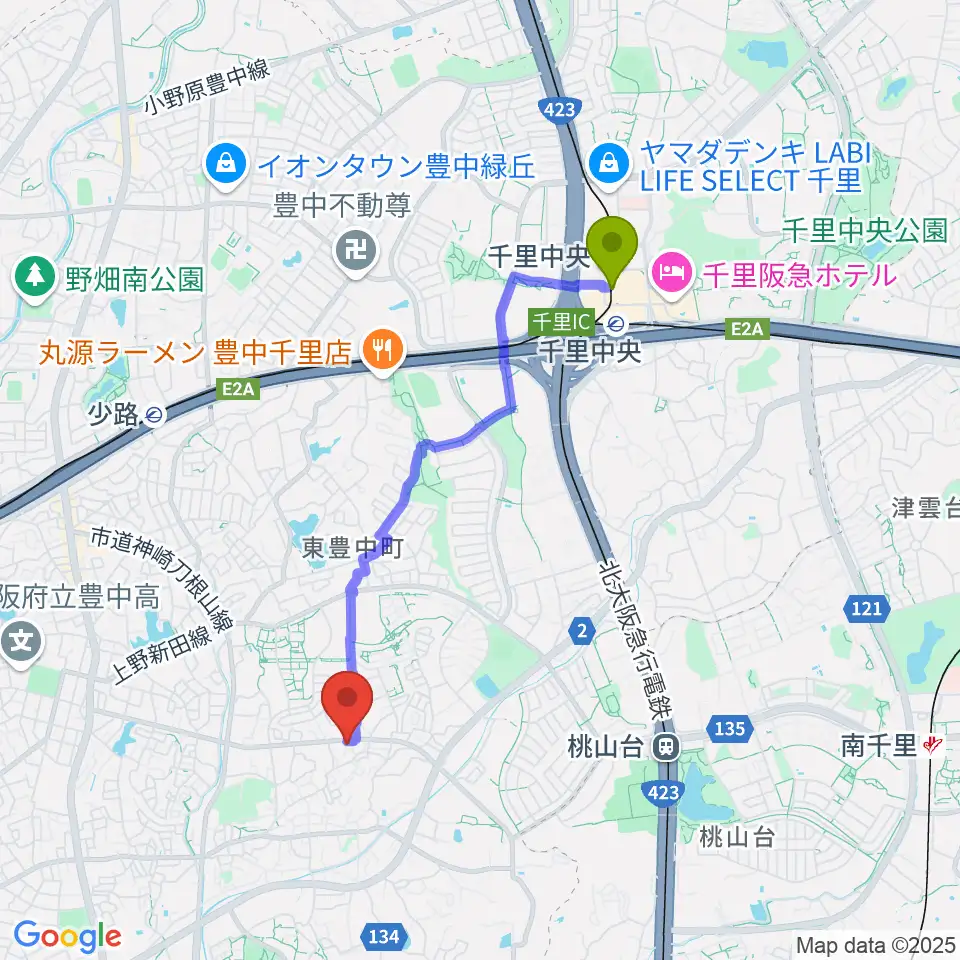 千里中央駅から玉田ピアノ東豊中センターへのルートマップ地図