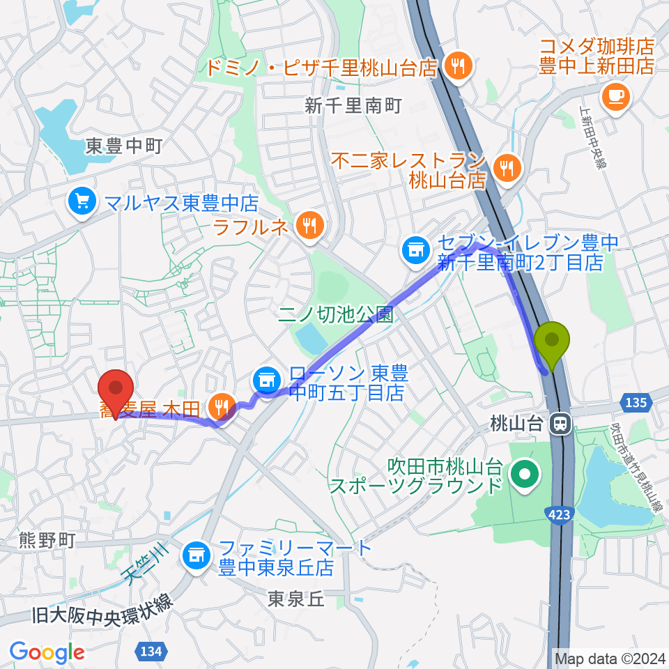 玉田ピアノ東豊中センターの最寄駅桃山台駅からの徒歩ルート（約21分）地図