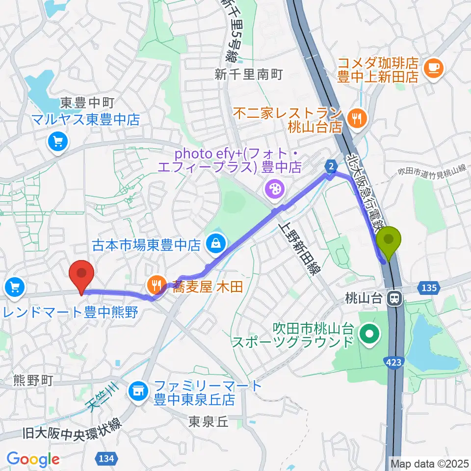 玉田ピアノ東豊中センターの最寄駅桃山台駅からの徒歩ルート（約21分）地図