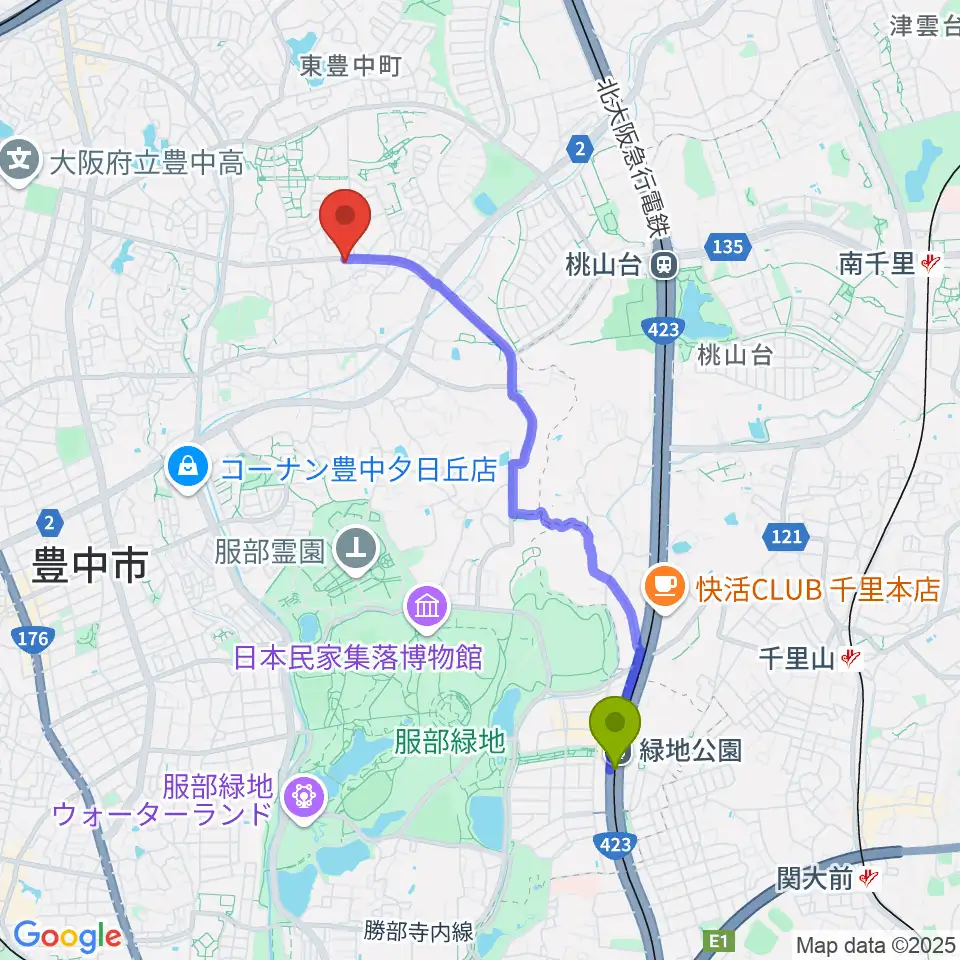 緑地公園駅から玉田ピアノ東豊中センターへのルートマップ地図