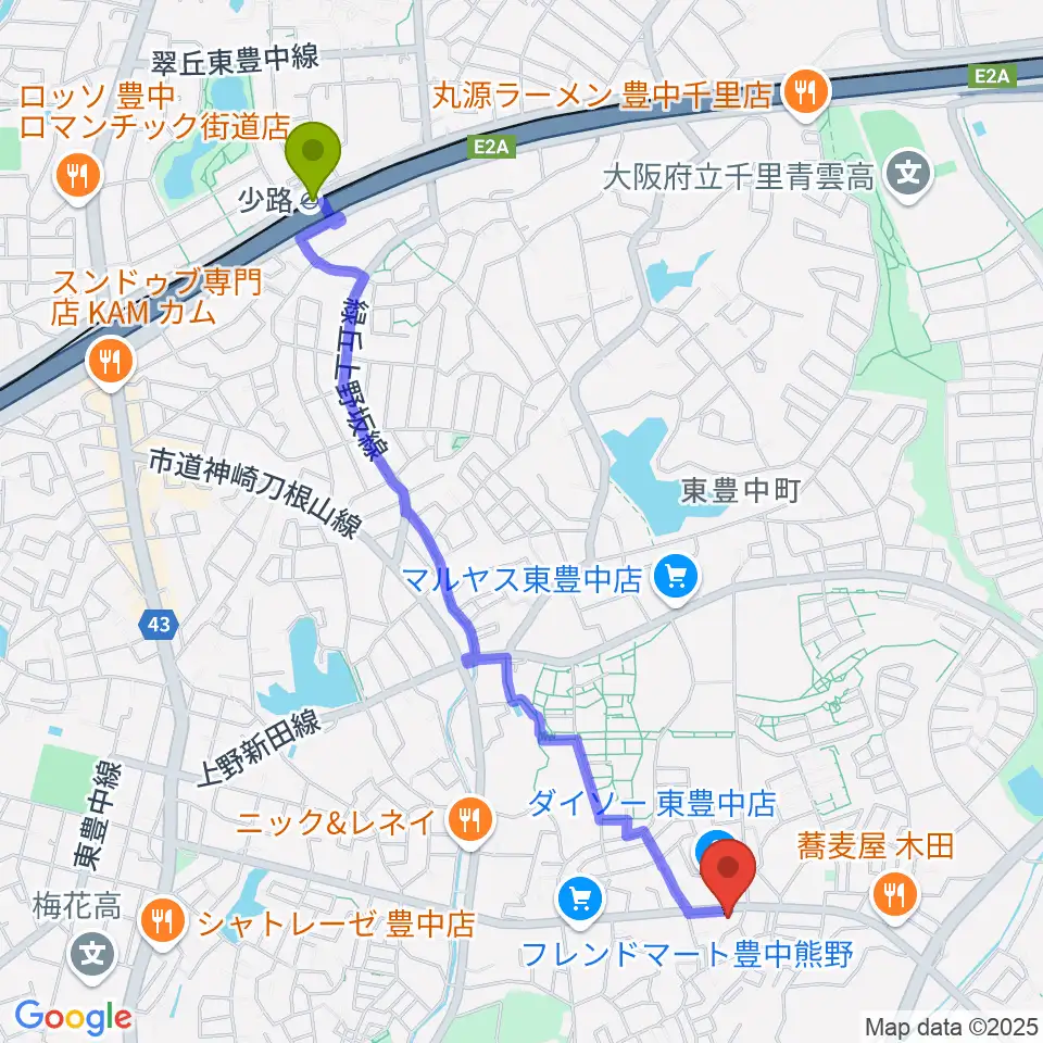 少路駅から玉田ピアノ東豊中センターへのルートマップ地図