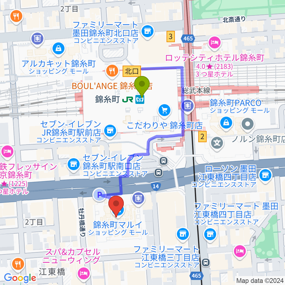 すみだ産業会館サンライズホールの最寄駅錦糸町駅からの徒歩ルート（約3分）地図