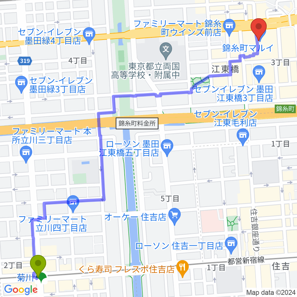 菊川駅からすみだ産業会館サンライズホールへのルートマップ地図