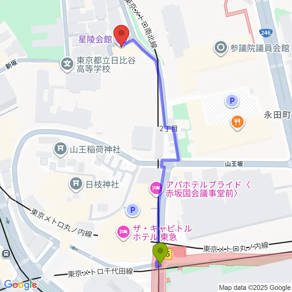 溜池山王駅から星陵会館へのルートマップ地図