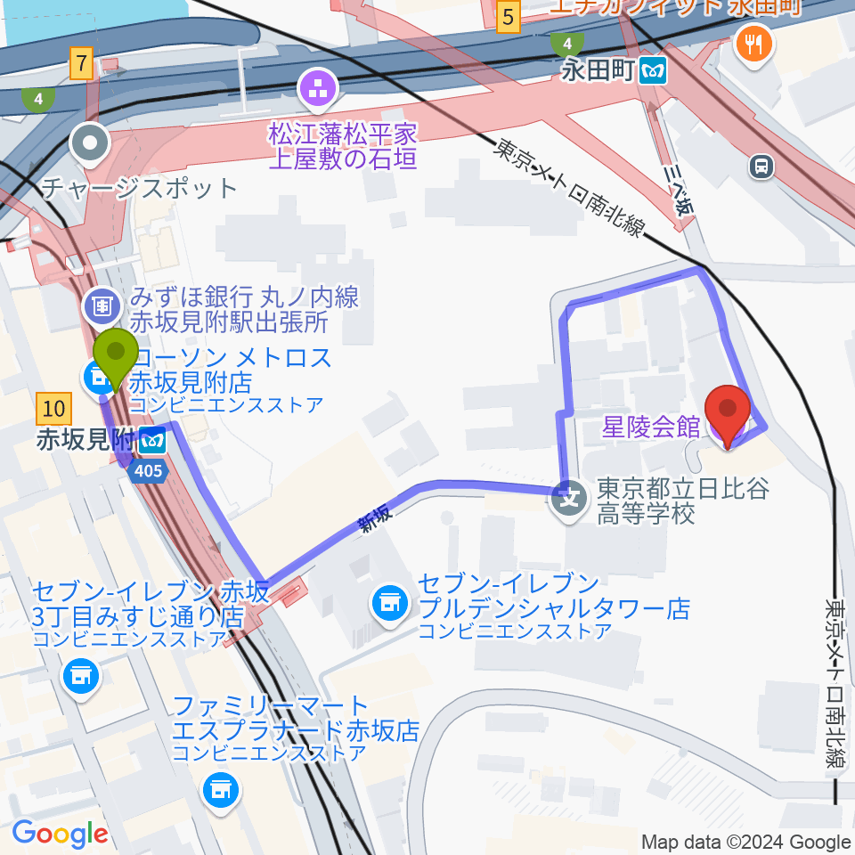 星陵会館の最寄駅赤坂見附駅からの徒歩ルート（約6分）地図