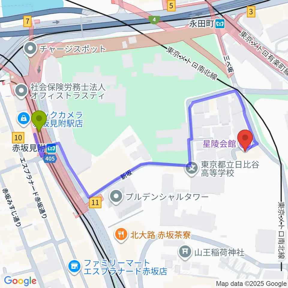 星陵会館の最寄駅赤坂見附駅からの徒歩ルート（約6分）地図
