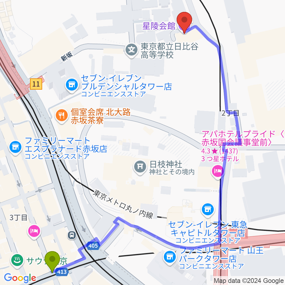 赤坂駅から星陵会館へのルートマップ地図