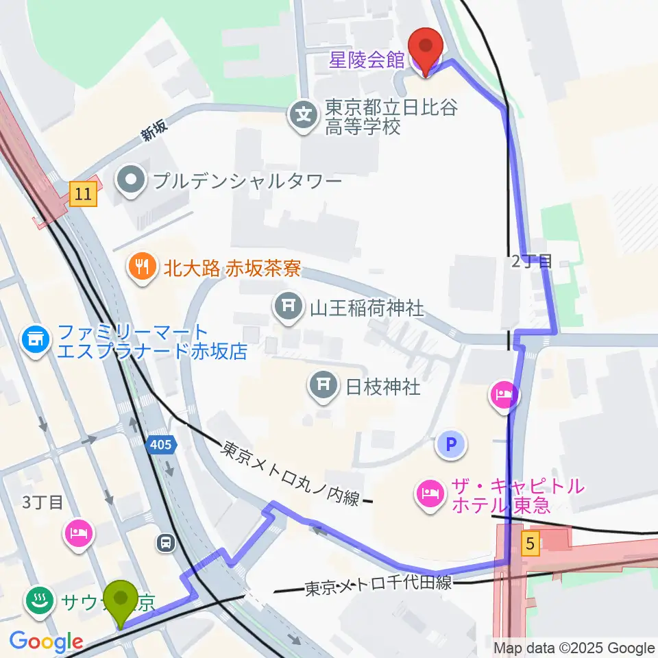 赤坂駅から星陵会館へのルートマップ地図