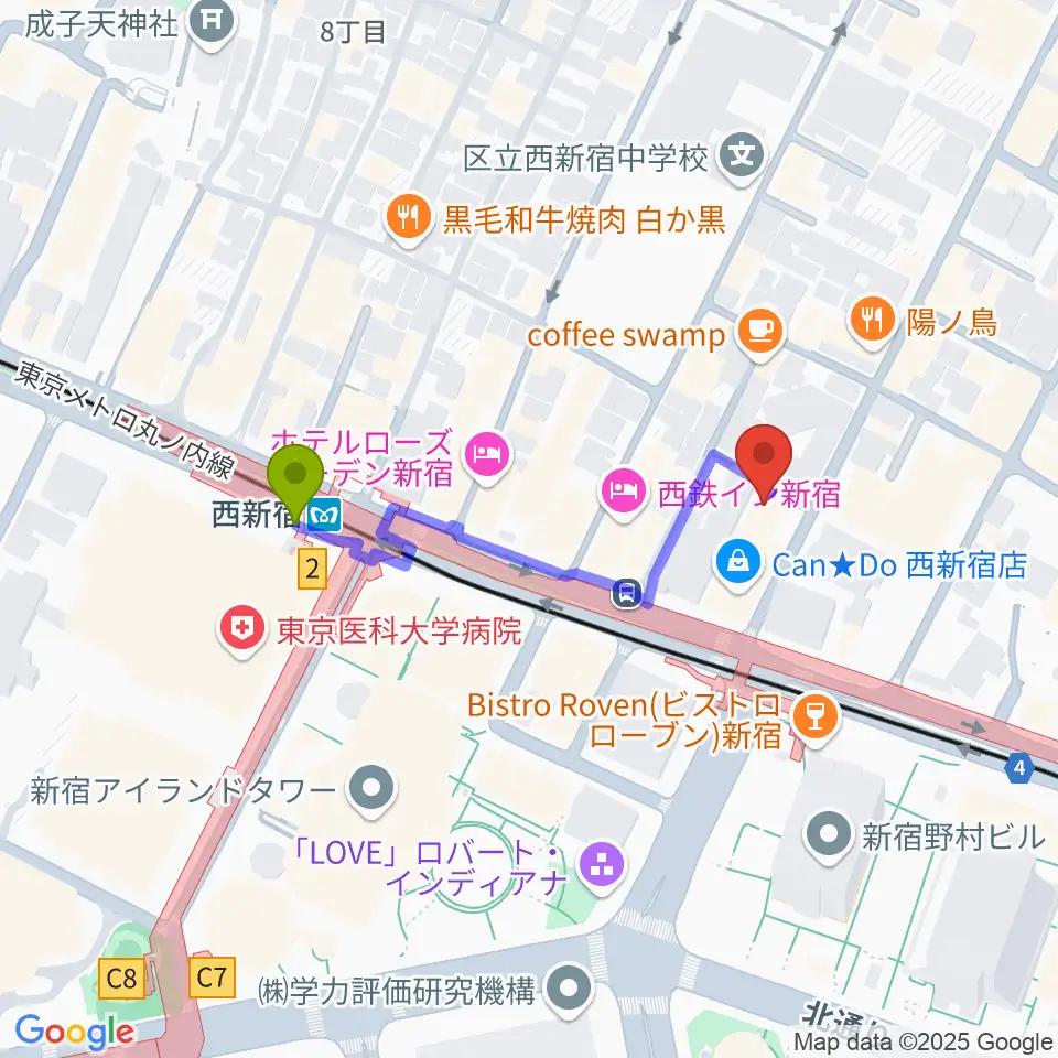 関交協ハーモニックホールの最寄駅西新宿駅からの徒歩ルート（約3分）地図