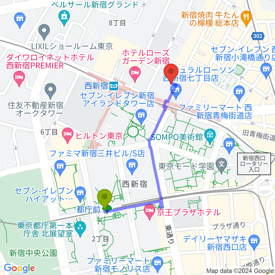 都庁前駅から関交協ハーモニックホールへのルートマップ地図