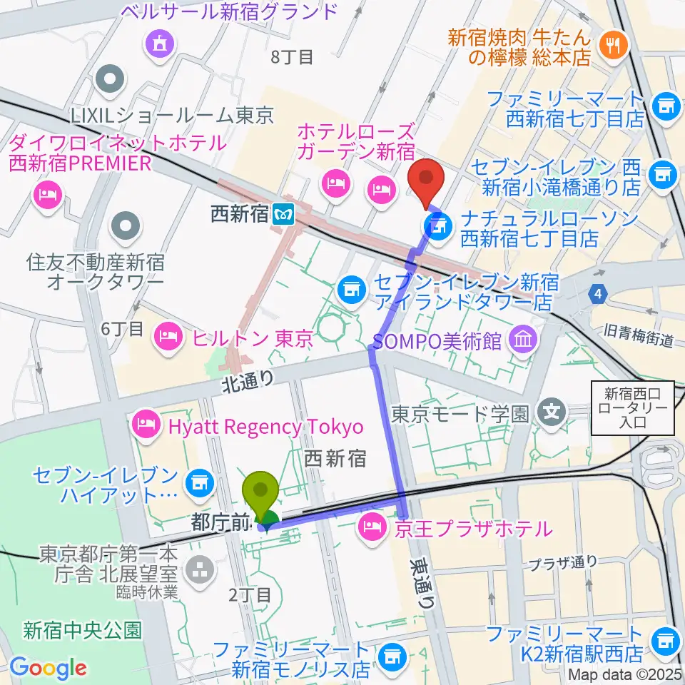 都庁前駅から関交協ハーモニックホールへのルートマップ地図