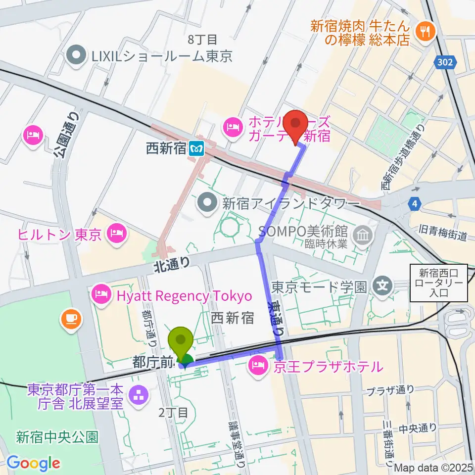 都庁前駅から関交協ハーモニックホールへのルートマップ地図