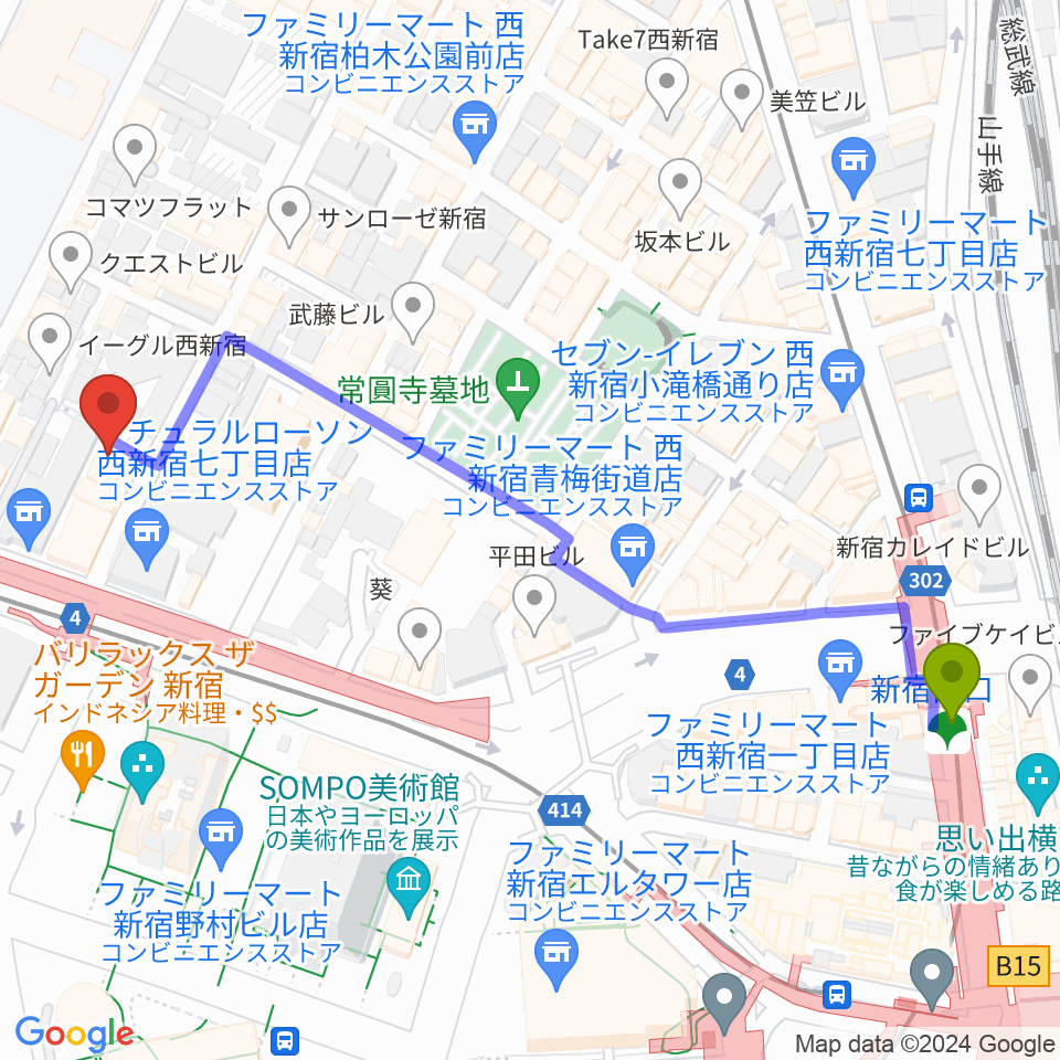 新宿西口駅から関交協ハーモニックホールへのルートマップ地図