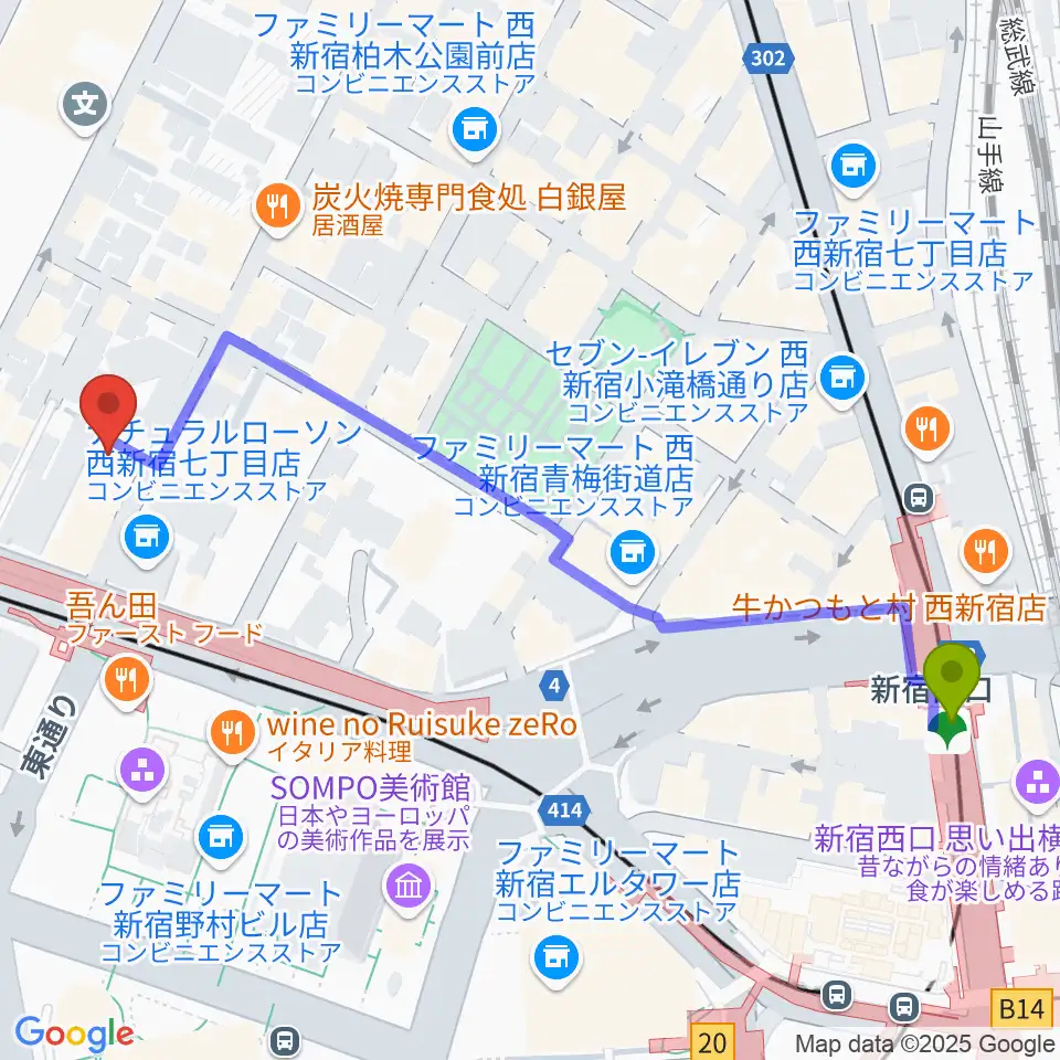 新宿西口駅から関交協ハーモニックホールへのルートマップ地図