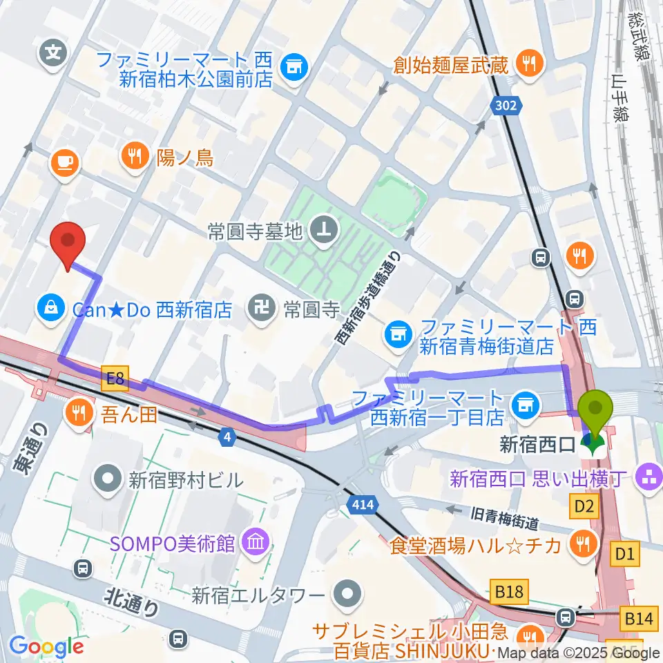 新宿西口駅から関交協ハーモニックホールへのルートマップ地図