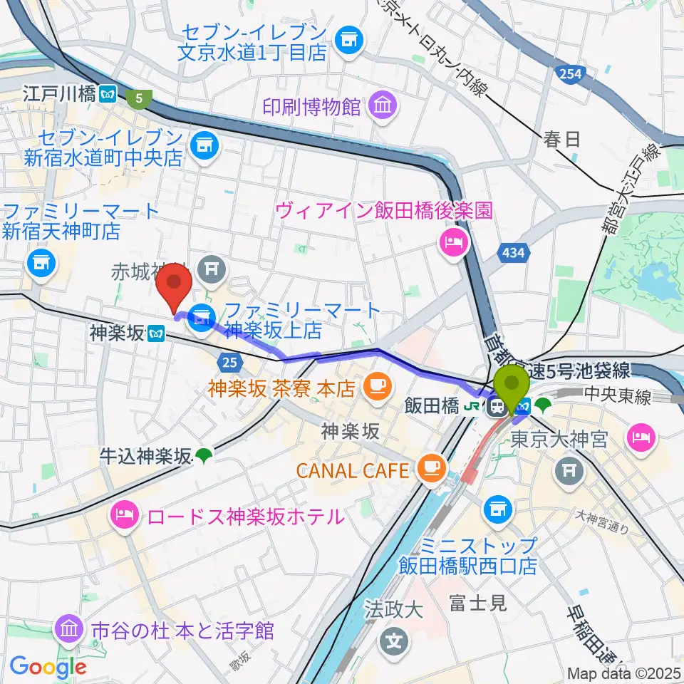 飯田橋駅から神楽坂セッションハウスへのルートマップ地図