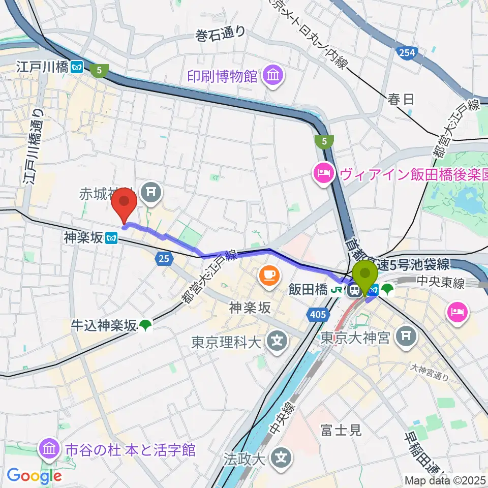 飯田橋駅から神楽坂セッションハウスへのルートマップ地図