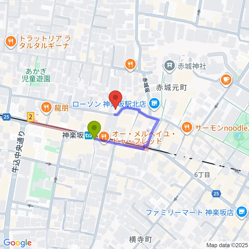 神楽坂セッションハウスの最寄駅神楽坂駅からの徒歩ルート（約1分）地図