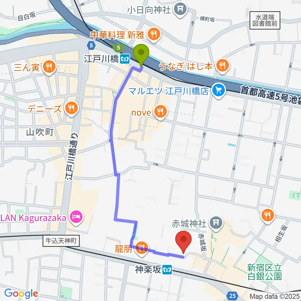 江戸川橋駅から神楽坂セッションハウスへのルートマップ地図