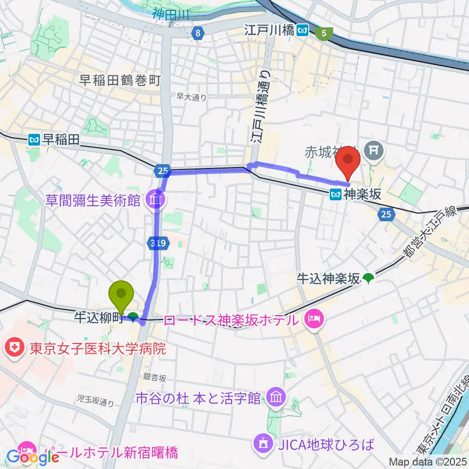 牛込柳町駅から神楽坂セッションハウスへのルートマップ地図
