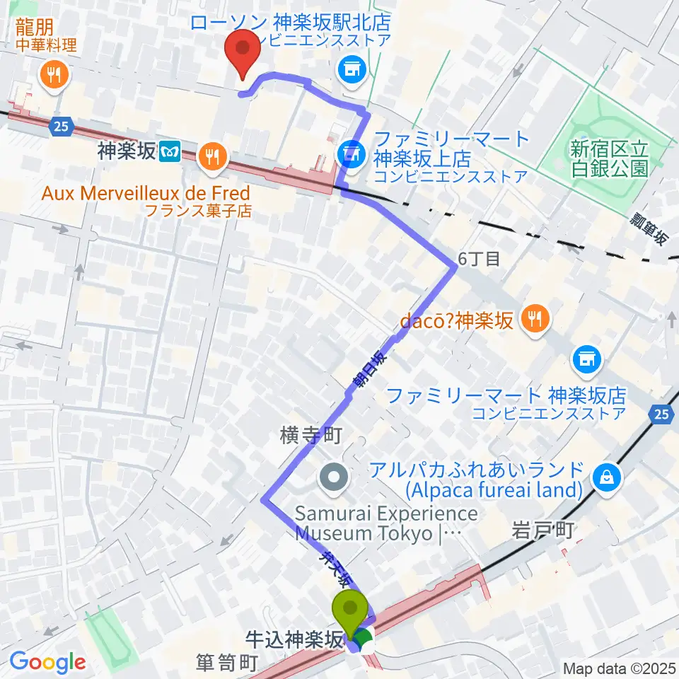 牛込神楽坂駅から神楽坂セッションハウスへのルートマップ地図