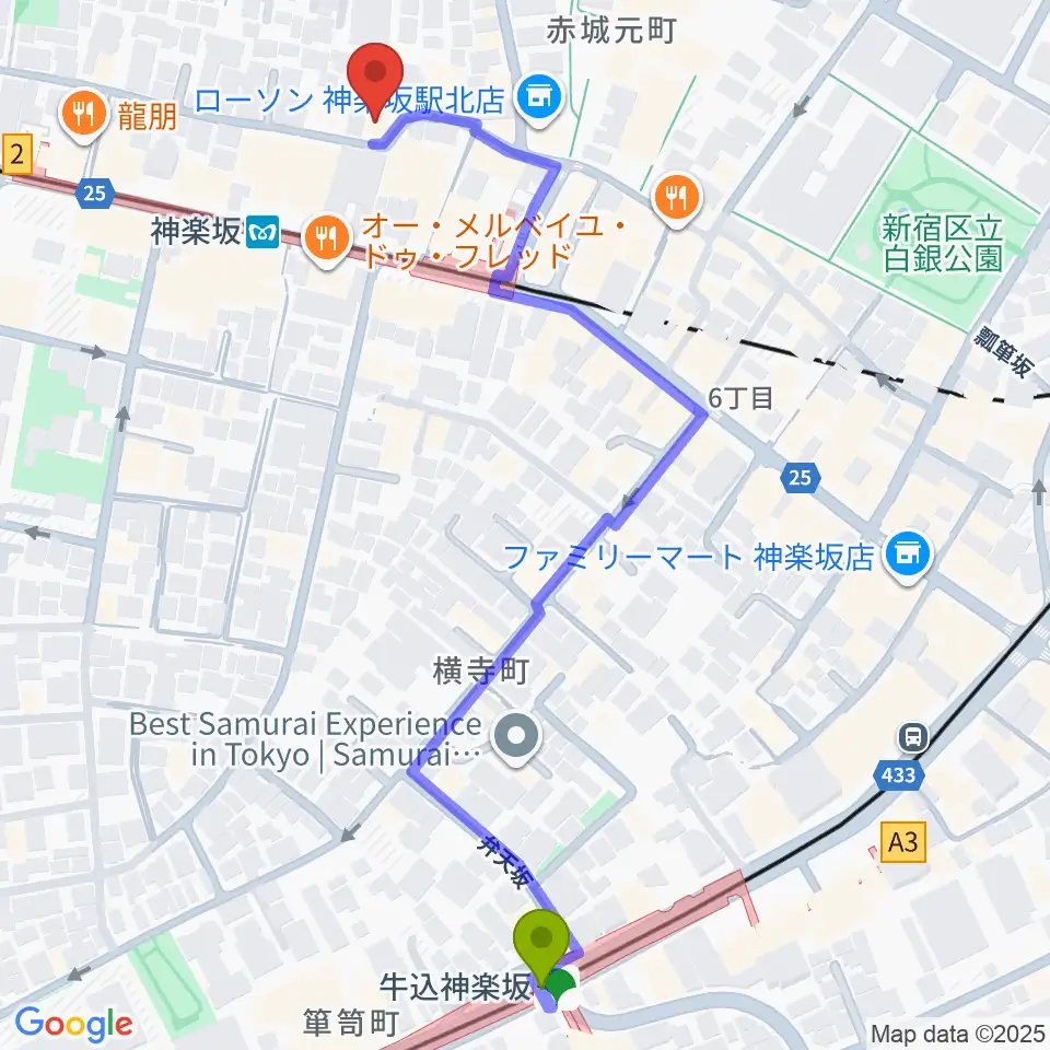 牛込神楽坂駅から神楽坂セッションハウスへのルートマップ地図