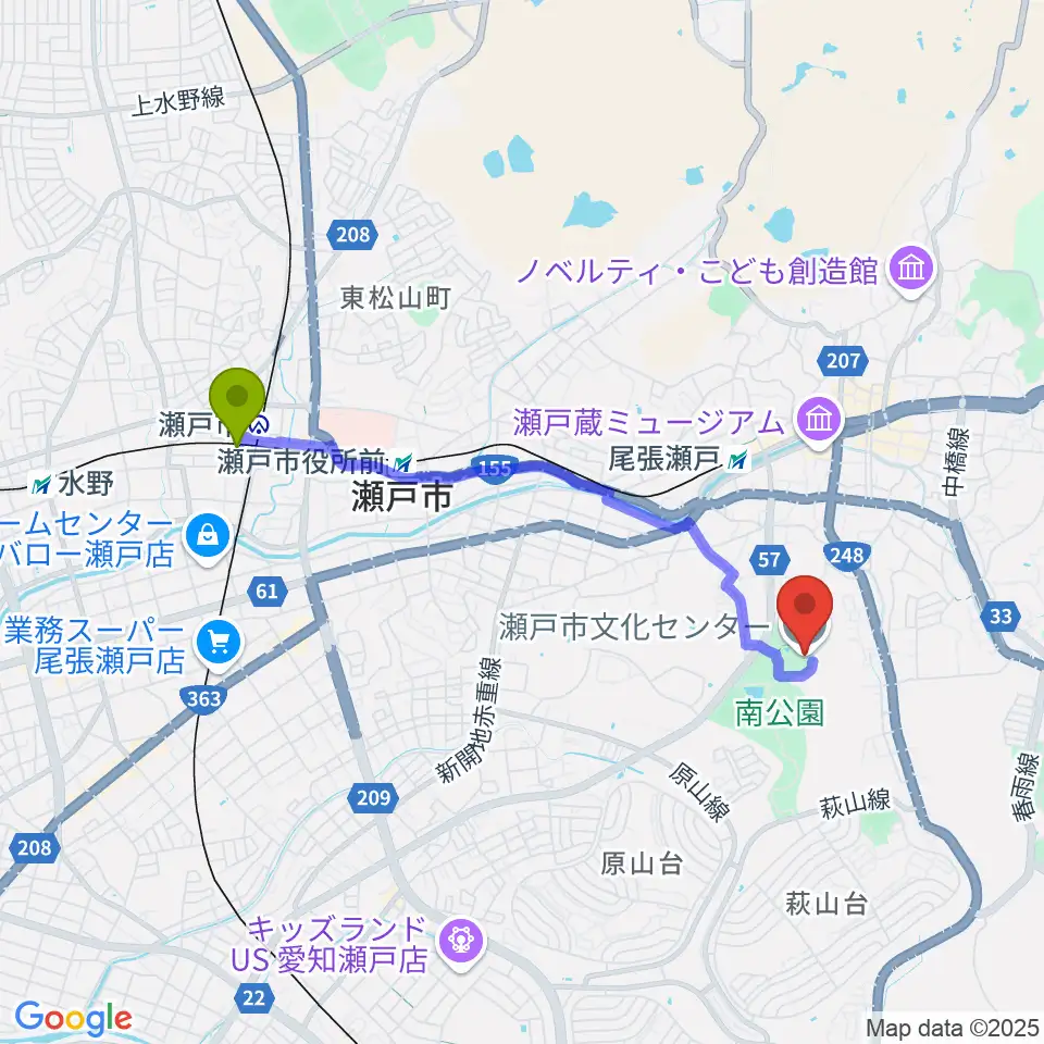 新瀬戸駅から瀬戸市文化センターへのルートマップ地図