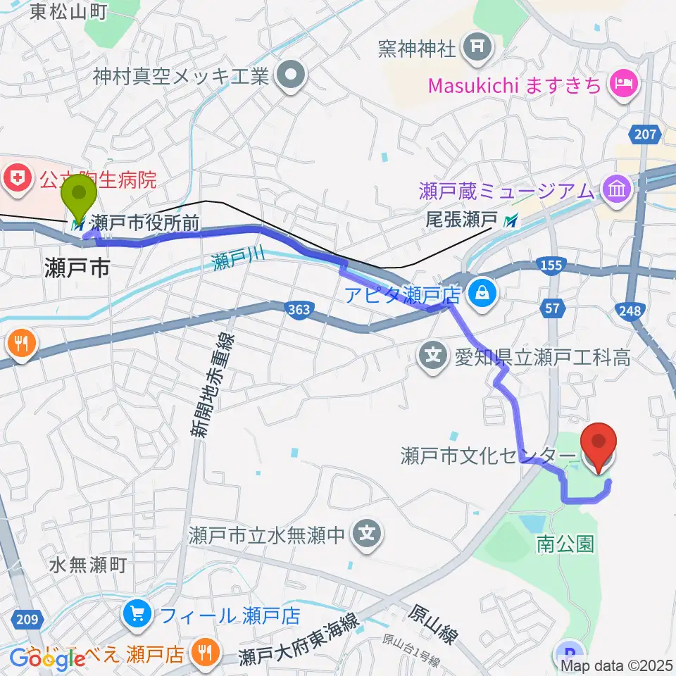 瀬戸市役所前駅から瀬戸市文化センターへのルートマップ地図