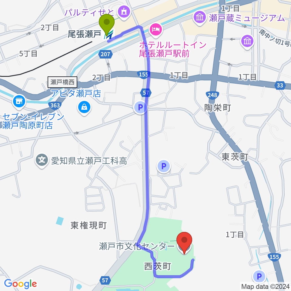 瀬戸市文化センターの最寄駅尾張瀬戸駅からの徒歩ルート（約12分）地図