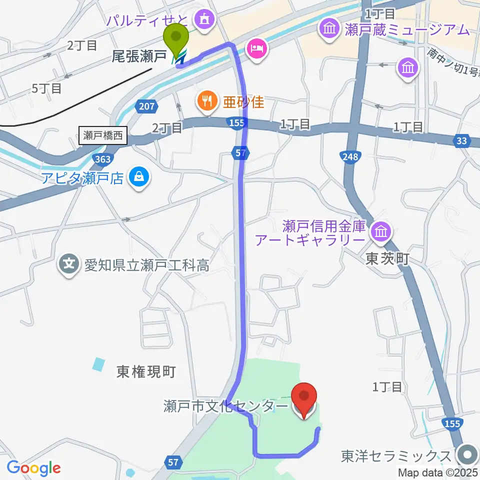 瀬戸市文化センターの最寄駅尾張瀬戸駅からの徒歩ルート（約12分）地図