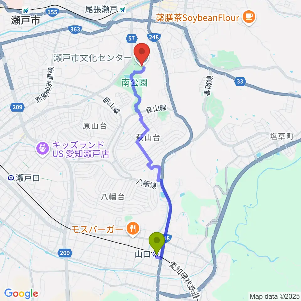 山口駅から瀬戸市文化センターへのルートマップ地図