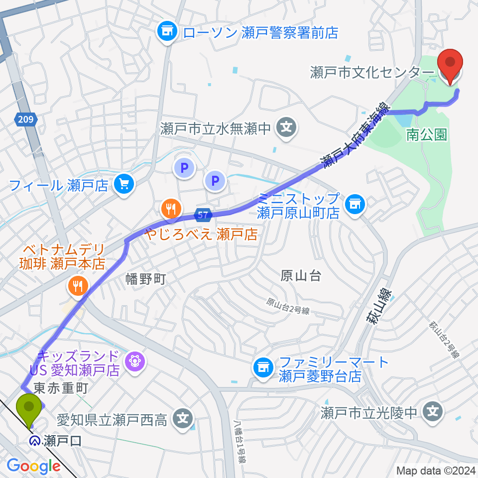 瀬戸口駅から瀬戸市文化センターへのルートマップ地図