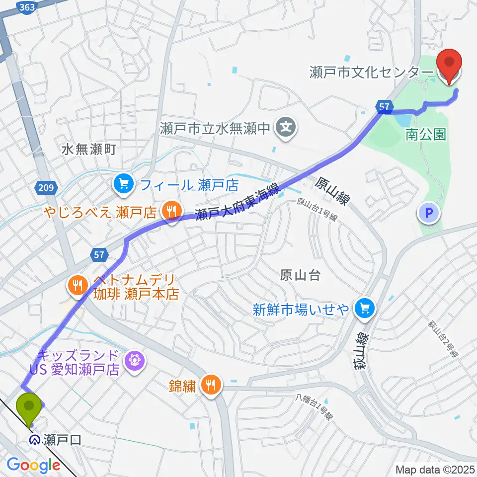 瀬戸口駅から瀬戸市文化センターへのルートマップ地図