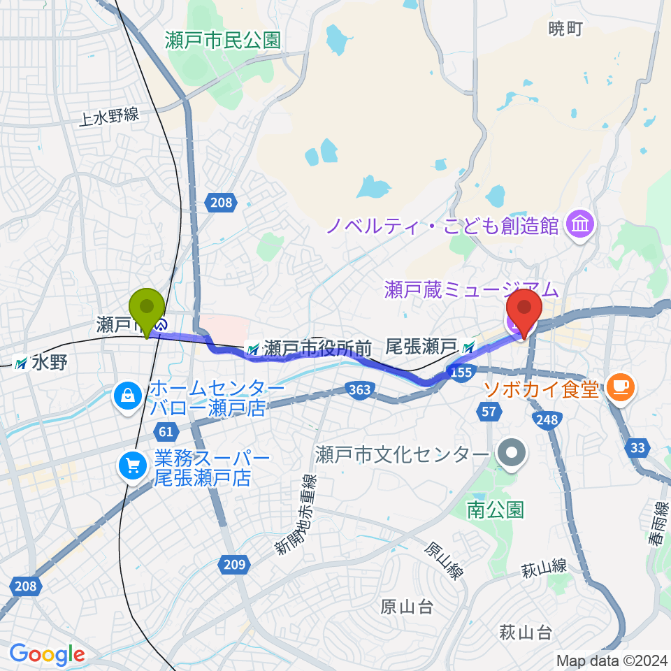 新瀬戸駅から瀬戸蔵へのルートマップ地図