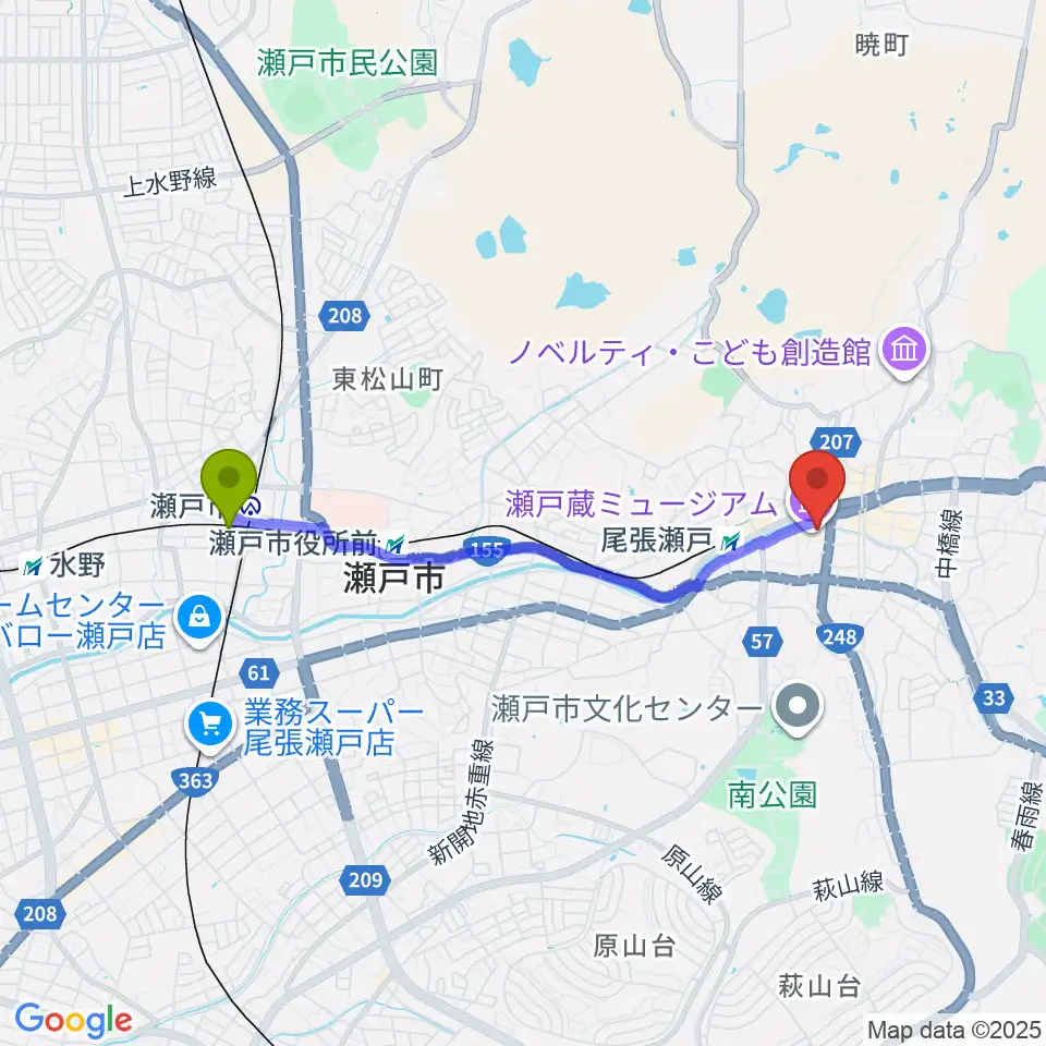 新瀬戸駅から瀬戸蔵へのルートマップ地図