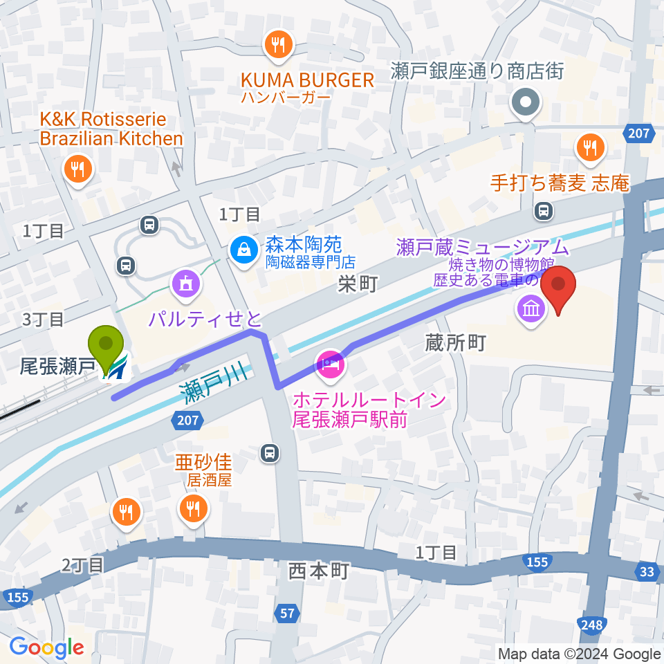 瀬戸蔵の最寄駅尾張瀬戸駅からの徒歩ルート（約5分）地図