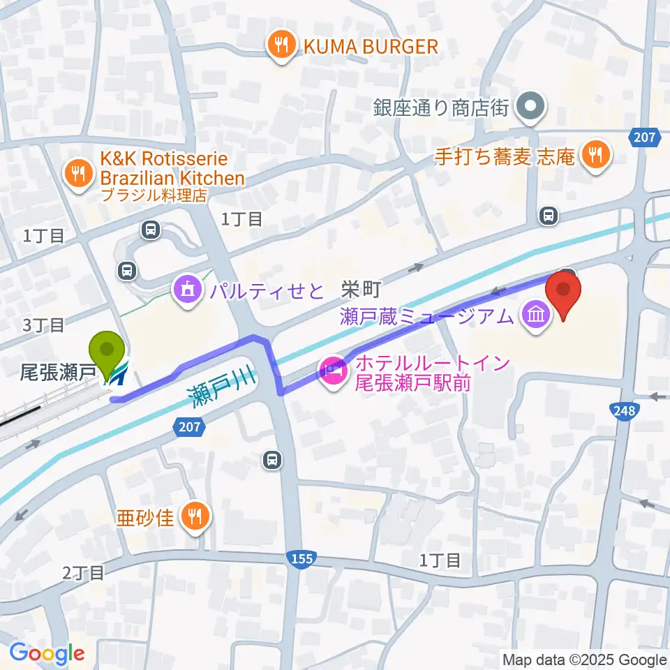 瀬戸蔵の最寄駅尾張瀬戸駅からの徒歩ルート（約5分）地図
