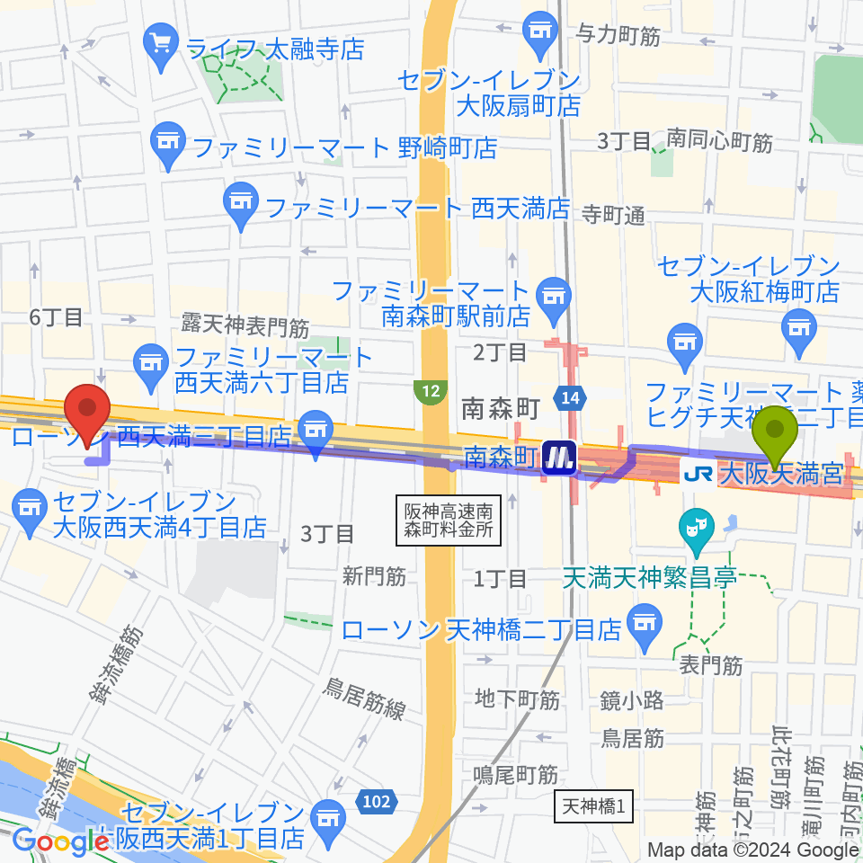大阪天満宮駅からソープオペラクラシックス梅田へのルートマップ地図