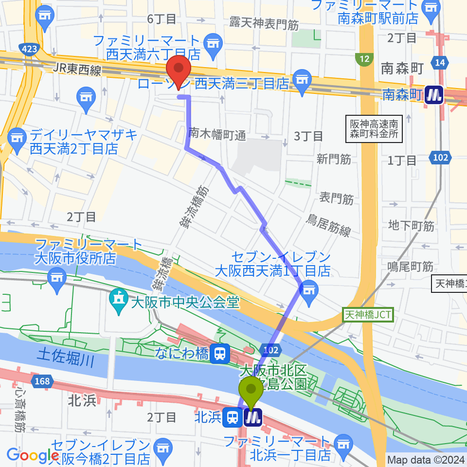 北浜駅からソープオペラクラシックス梅田へのルートマップ地図