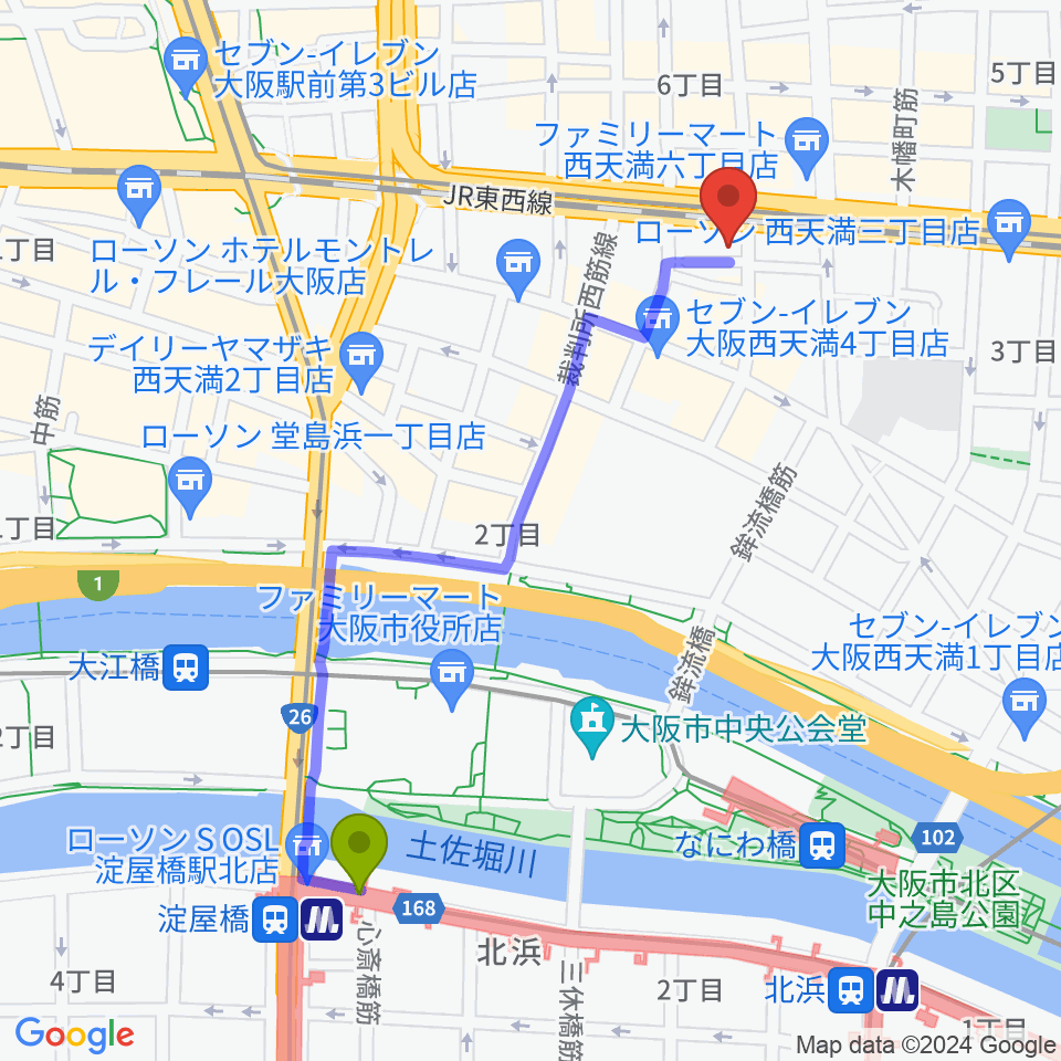 ソープオペラクラシックス梅田の最寄駅淀屋橋駅からの徒歩ルート（約11分）地図