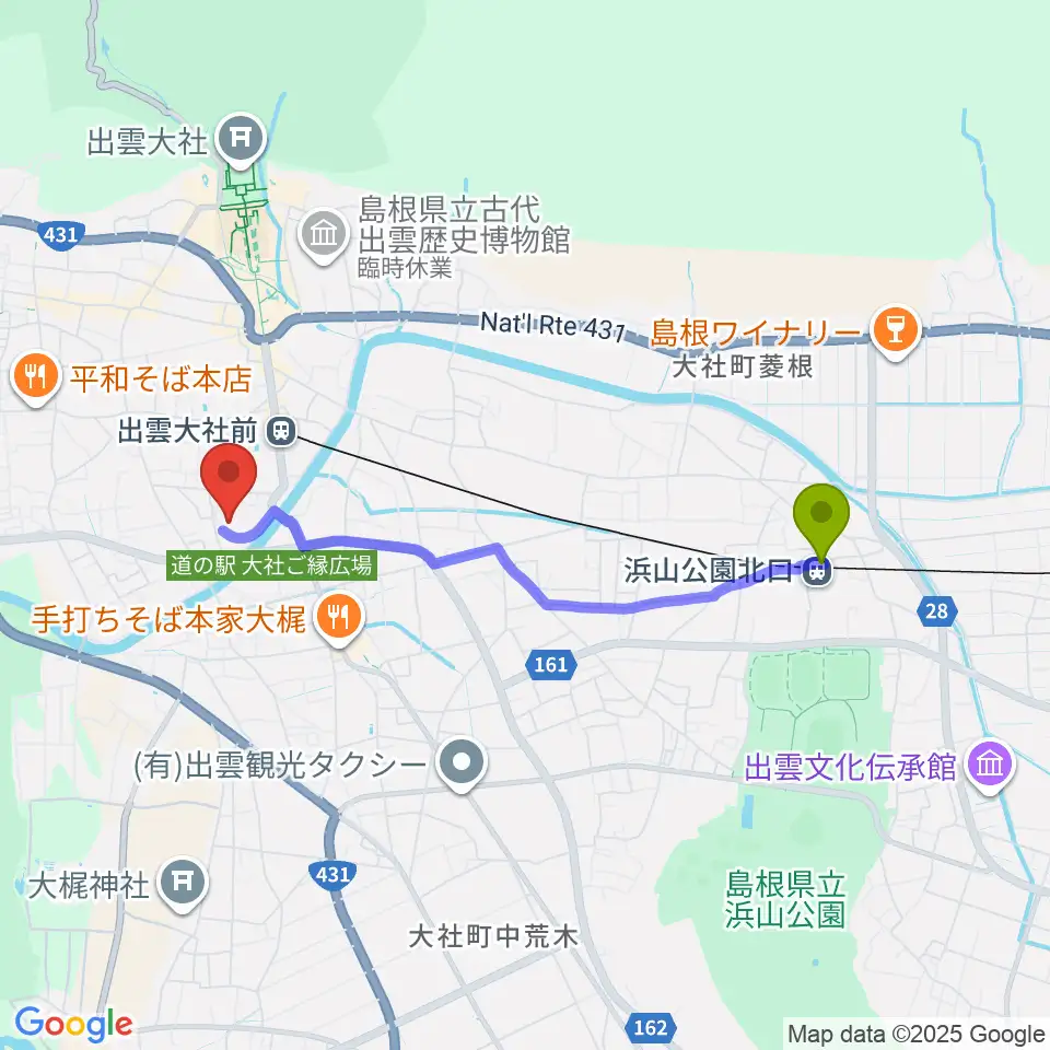 浜山公園北口駅から大社文化プレイス うらら館へのルートマップ地図