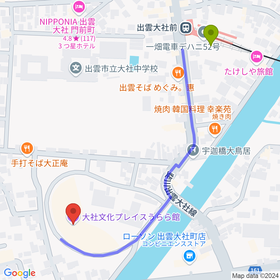 大社文化プレイス うらら館の最寄駅出雲大社前駅からの徒歩ルート（約6分）地図