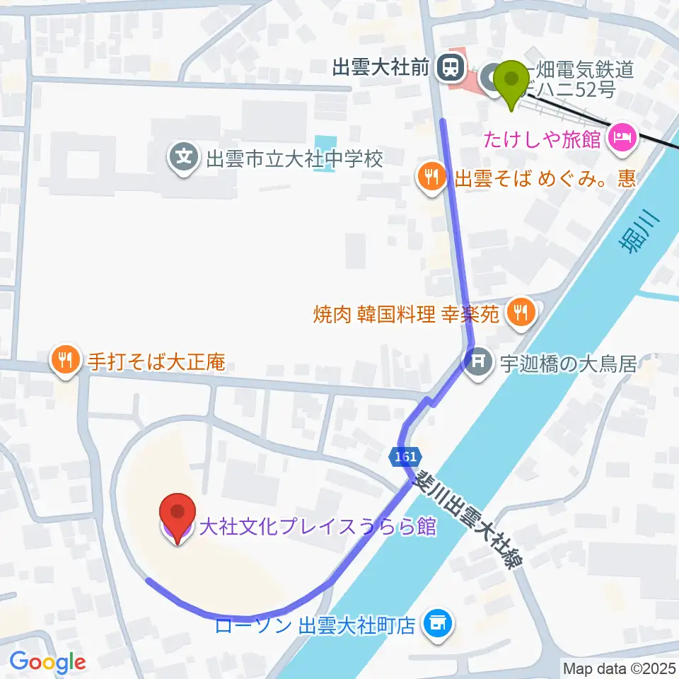 大社文化プレイス うらら館の最寄駅出雲大社前駅からの徒歩ルート（約6分）地図
