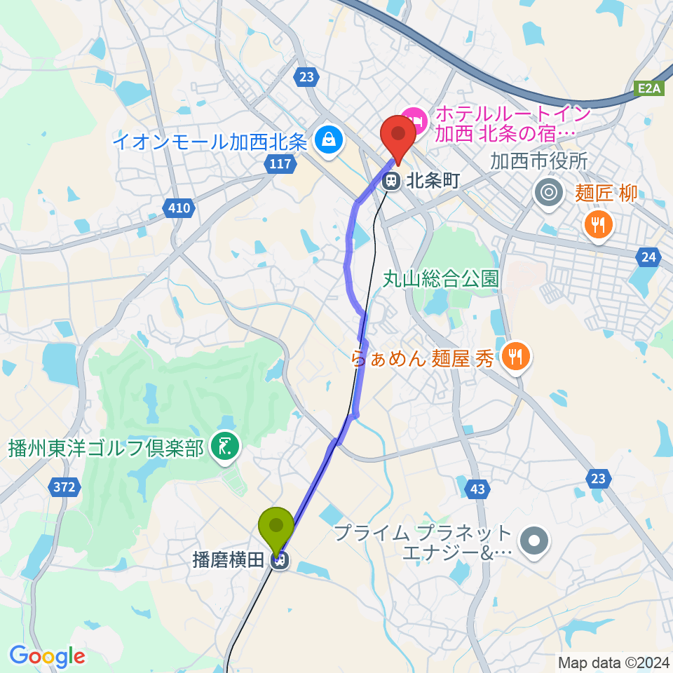 播磨横田駅からねひめホール（加西市地域交流センター）へのルートマップ地図