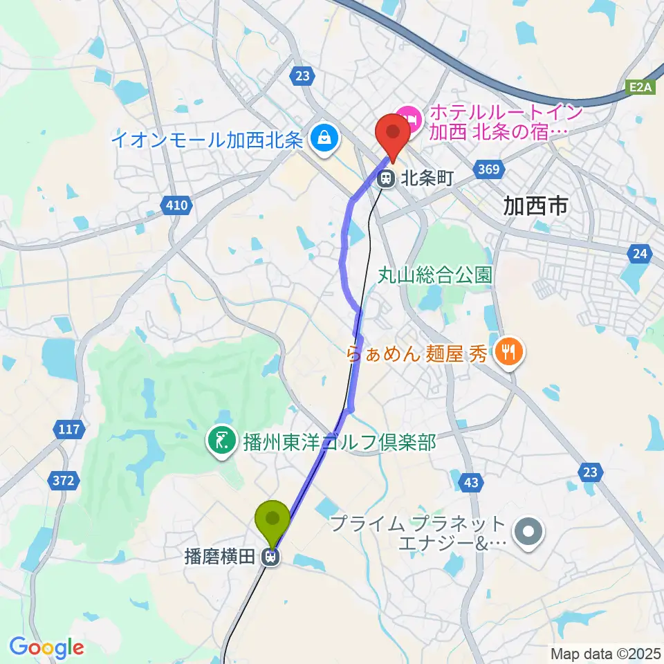 播磨横田駅からねひめホール（加西市地域交流センター）へのルートマップ地図