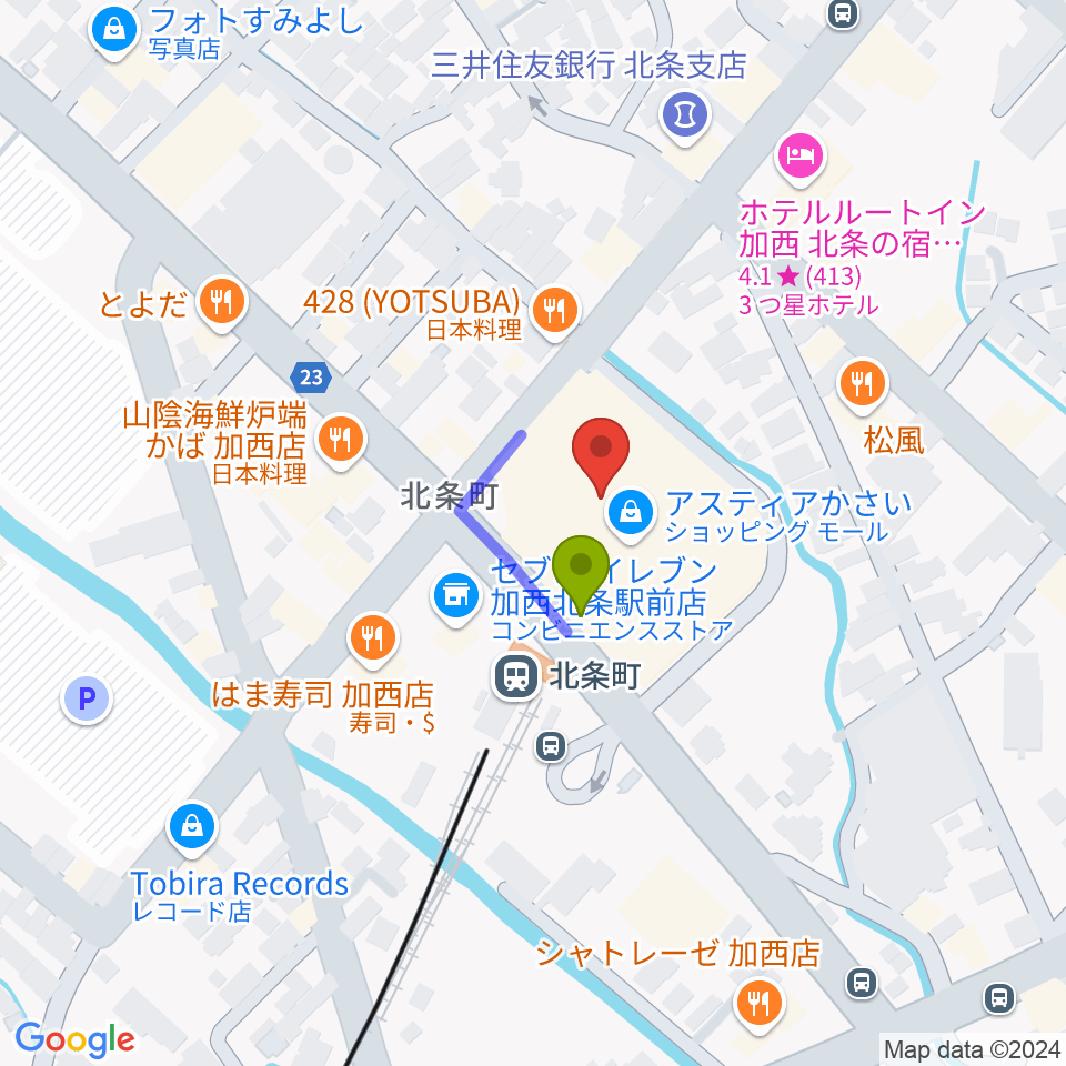 ねひめホール（加西市地域交流センター）の最寄駅北条町駅からの徒歩ルート（約1分）地図